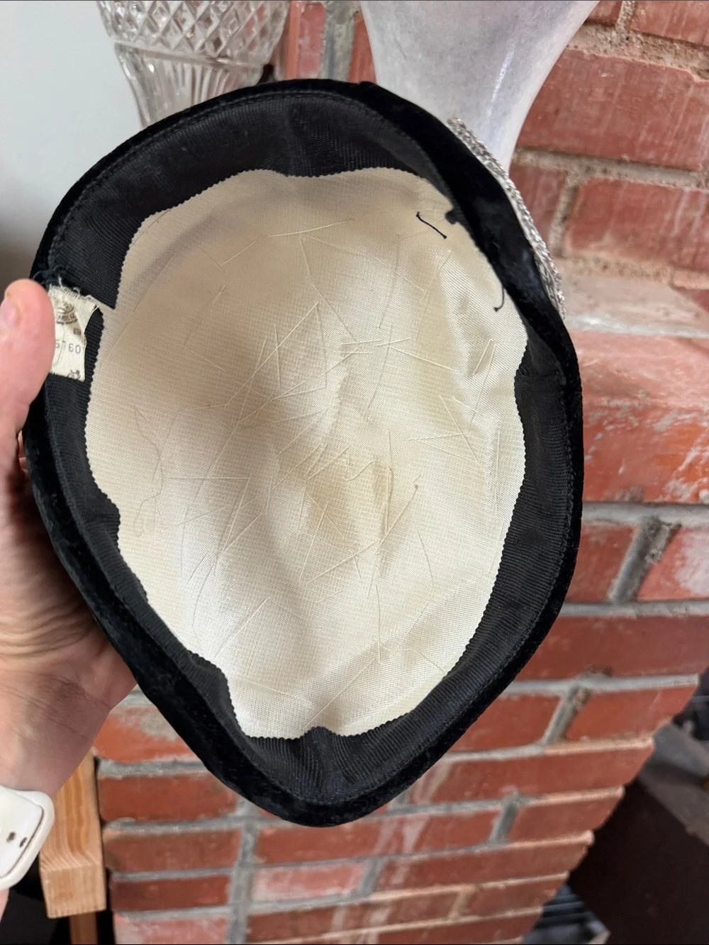 Vintage Black and Ivory Velvet Fascinator Hat with Pearl Leaf Accent